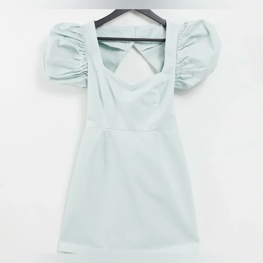 asos blue puff sleeve dress ASOS DESIGN denim puff sleeve midi dress in mid blue
